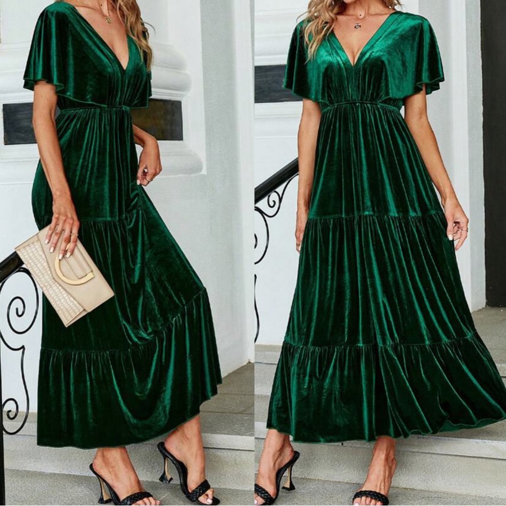 Elegant velvet Butterfly Sleeve Evening Formal Black Tie Wedding Maxi Dress - Picture 3 of 3